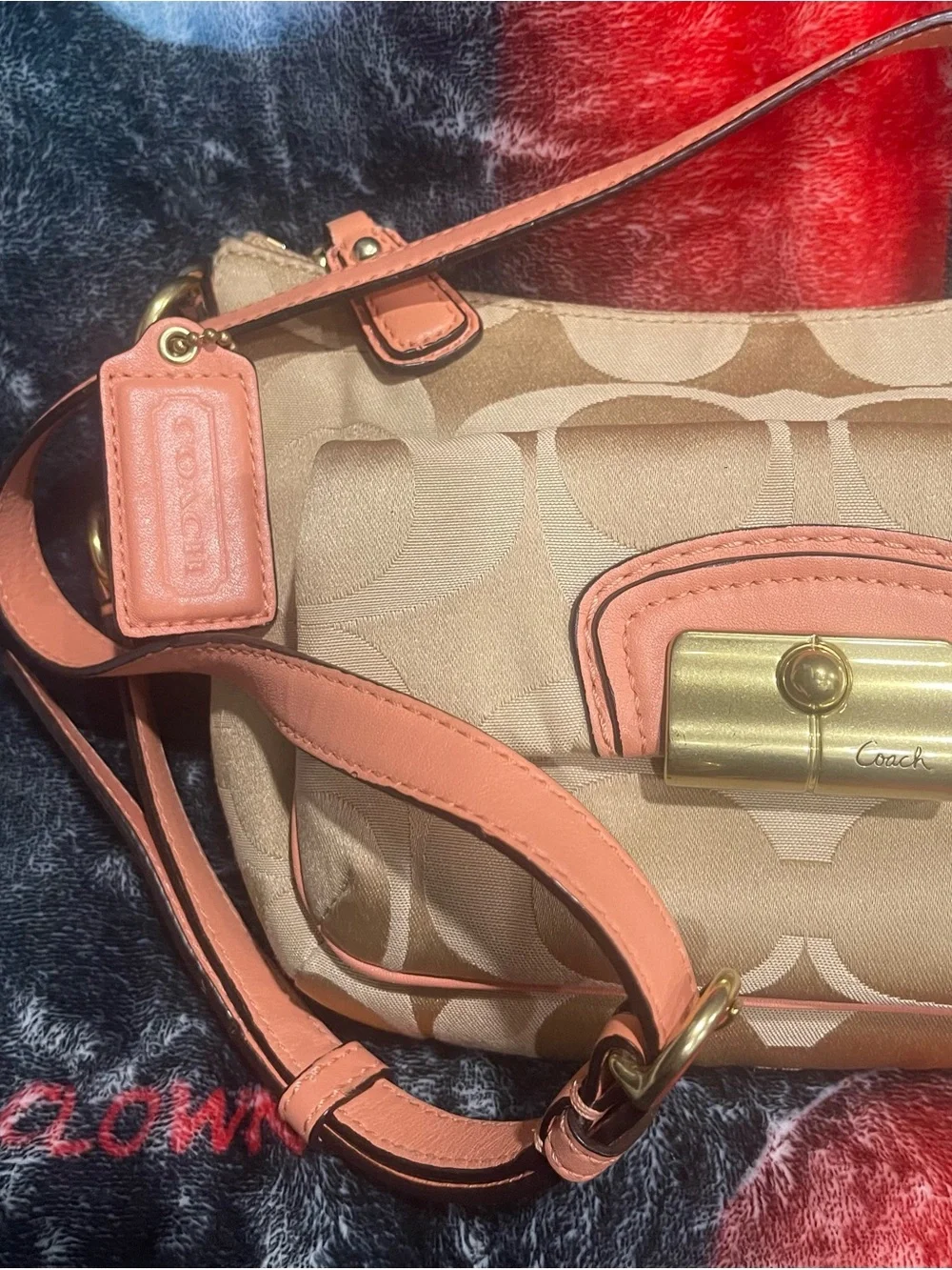 Coach Kristin Khaki Signature Jacquard Crossbody with Coral Trim